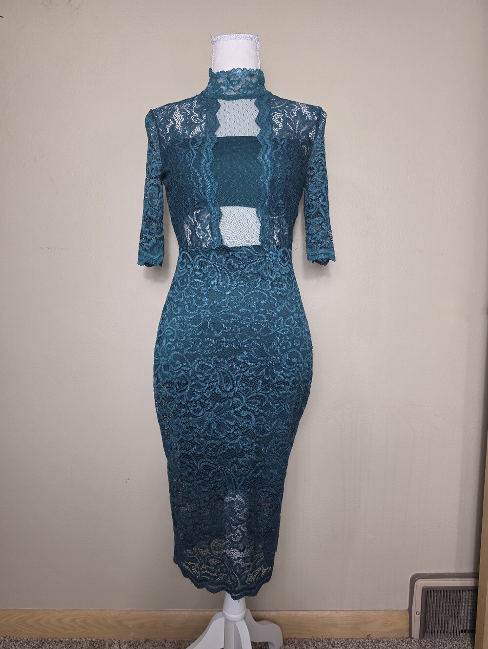 Express Teal Lace Bodycon Midi Dress | Small | High Neck Cutout Cocktail Dress